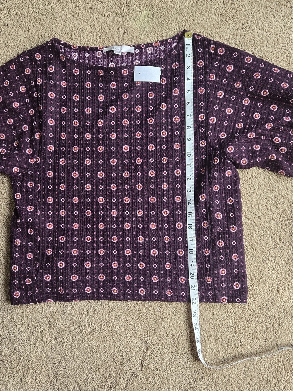 NWT LOFT Textured Smocked Floral Top M Plum Purple Puff 3/4 Sleeve Blouse Boho